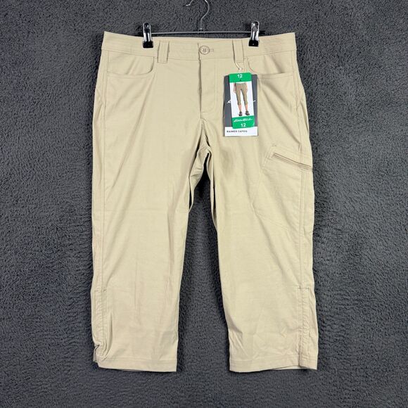 Eddie Bauer Pants Womens 12 Beige Tan Rainier Capris Lightweight Stretch NWT - Picture 1 of 16